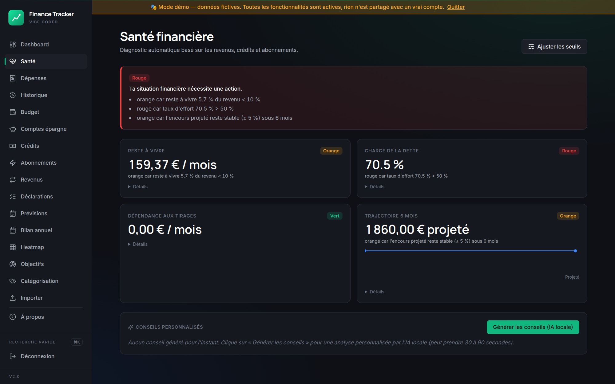 Santé financière — 4 indicateurs à seuils + conseils IA locale