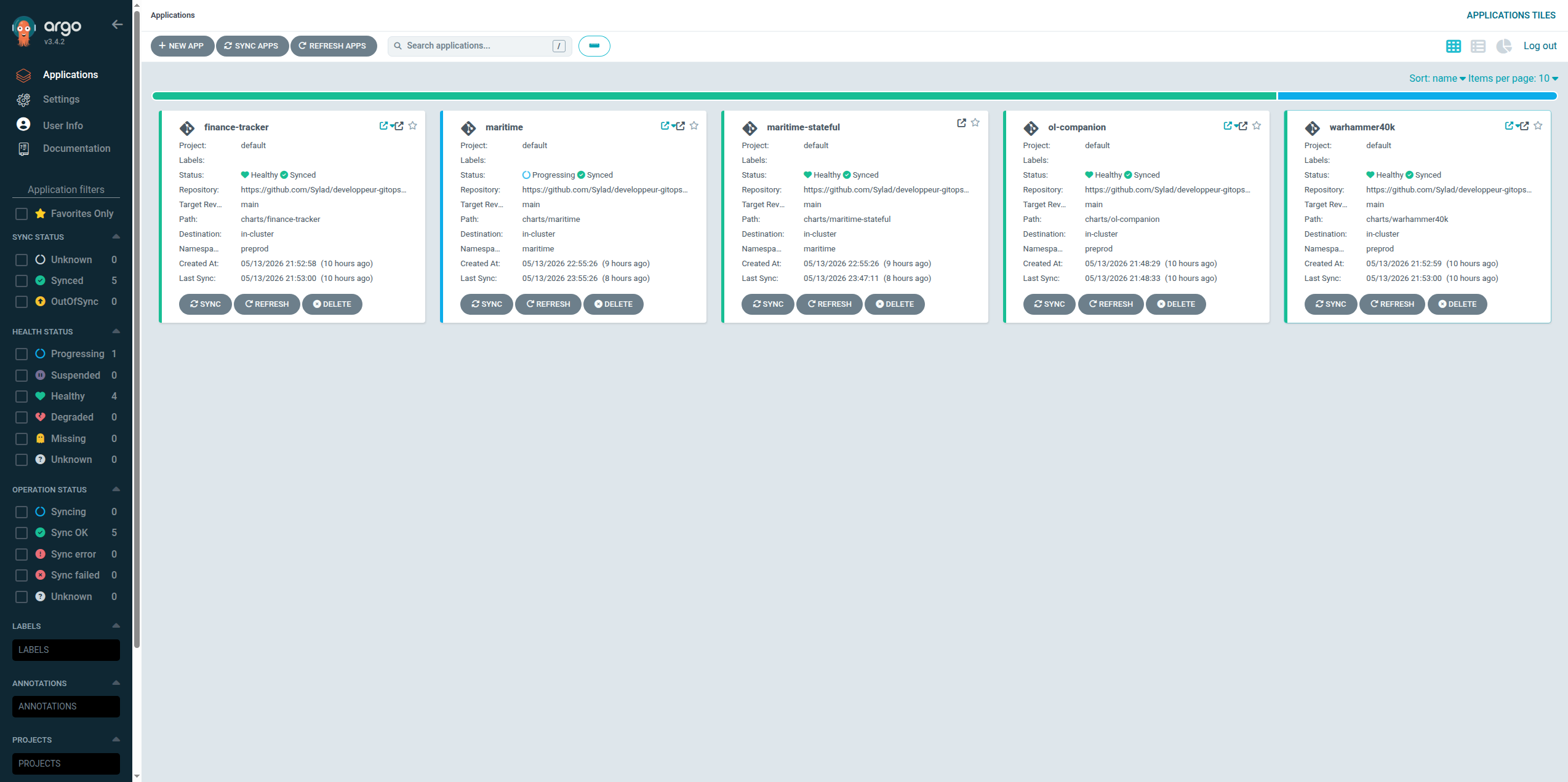 ArgoCD UI montrant les 5 Applications du repo developpeur-gitops après la migration nocturne